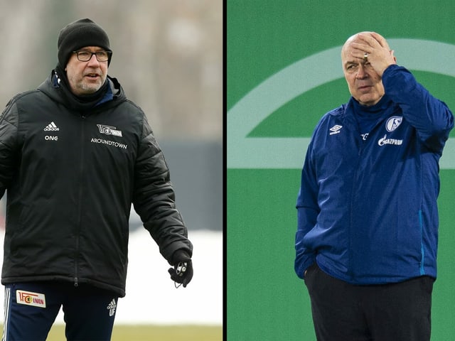 Urs Fischer (mit Union Berlin) trifft auf Christian Gross (mit Schalke 04). Urs Fischer (mit Union Berlin) trifft auf Christian Gross (mit Schalke 04).