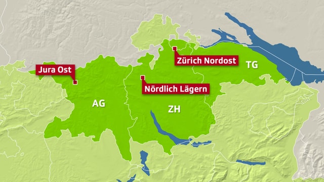 Karte mit drei möglichen Standorten für ein Tiefenlager Karte mit drei möglichen Standorten für ein Tiefenlager