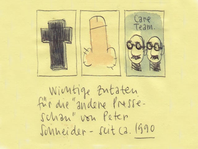Zu sehen sind drei gezeichnete Symbole: Ein Kreuz, ein Phallus ein Care Team. Dazu der Text: Wichtige Zutaten für die andere Presseschau von Peter Schneider.