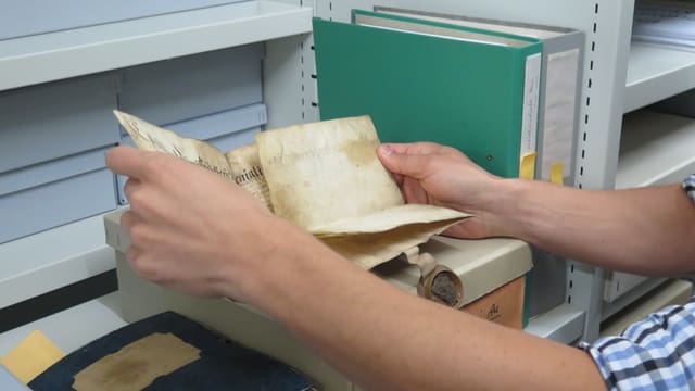 Ein Mitarbeiter des Staatsarchivs hält ein altes Dokument in den Händen. Ein Mitarbeiter des Staatsarchivs hält ein altes Dokument in den Händen.