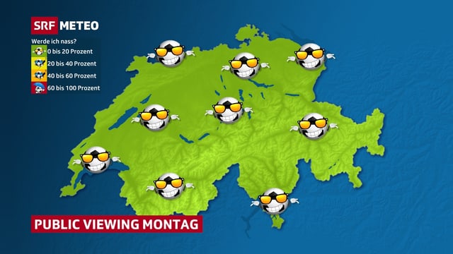 Auf einer grünene Schweizkarte sind die Wetterverhältnisse beim Public Viewing in Form von Fussbällen mit Sonnenbrillen eingezeichnet. Auf einer grünene Schweizkarte sind die Wetterverhältnisse beim Public Viewing in Form von Fussbällen mit Sonnenbrillen eingezeichnet.