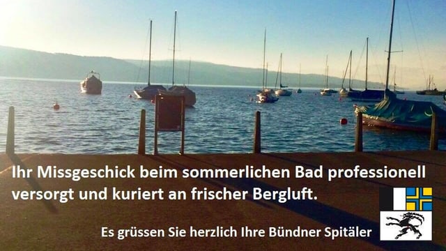 Bild vom Zürichsee und Aufschrift «Ihr Missgeschick beim sommerlichen Bad professionell versorgt und kuriert an frischer Bergluft». Bild vom Zürichsee und Aufschrift «Ihr Missgeschick beim sommerlichen Bad professionell versorgt und kuriert an frischer Bergluft».