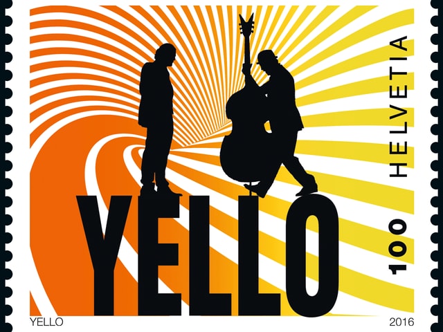Briefmarke mit den Silouetten der Yellow-Mitglieder vor bunter Spirale. Briefmarke mit den Silouetten der Yellow-Mitglieder vor bunter Spirale.