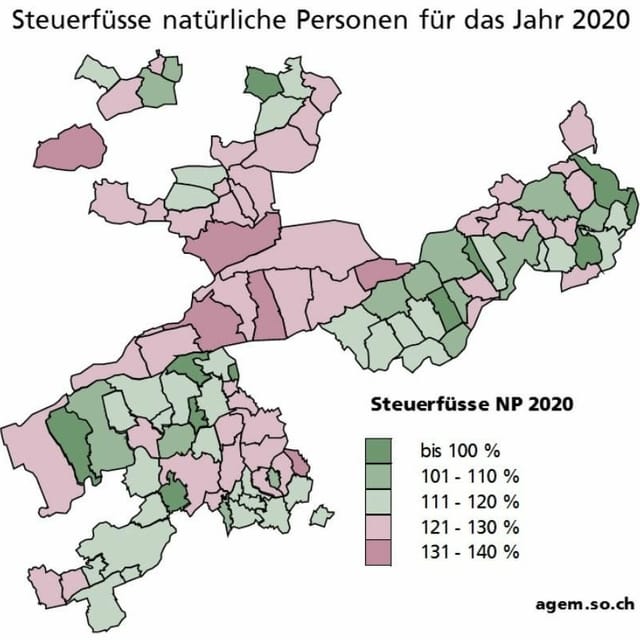 Karte Gemeinden Kanton Solothurn mit Steuerfüssen Karte Gemeinden Kanton Solothurn mit Steuerfüssen