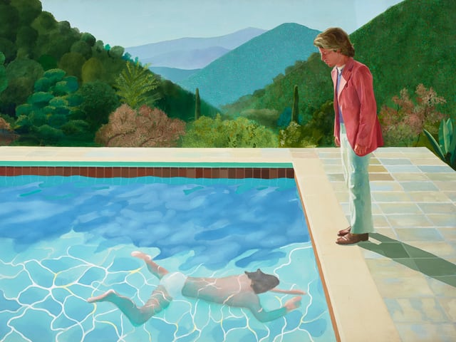 Ein Mann beim Schwimmen im Pool – ein anderer schaut ihm zu: Hockney-Gemälde «Portrait of an Artist (Pool with Two Figures)». Ein Mann beim Schwimmen im Pool – ein anderer schaut ihm zu: Hockney-Gemälde «Portrait of an Artist (Pool with Two Figures)».