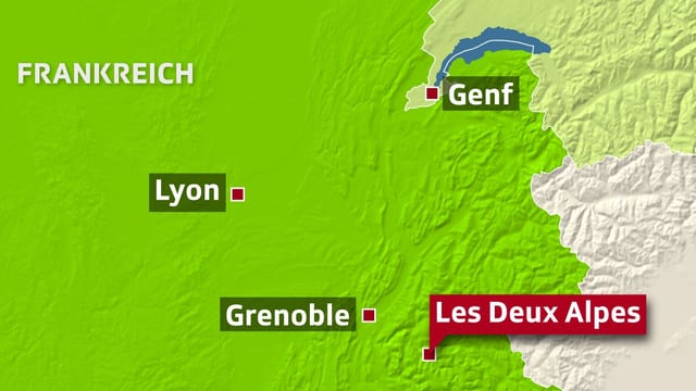 Kartenauschnitt mit Grenoble und Les Deux Alpes.
