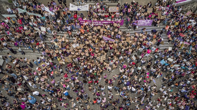 Drohnenaufnahme von Frauen am Frauenstreik.
