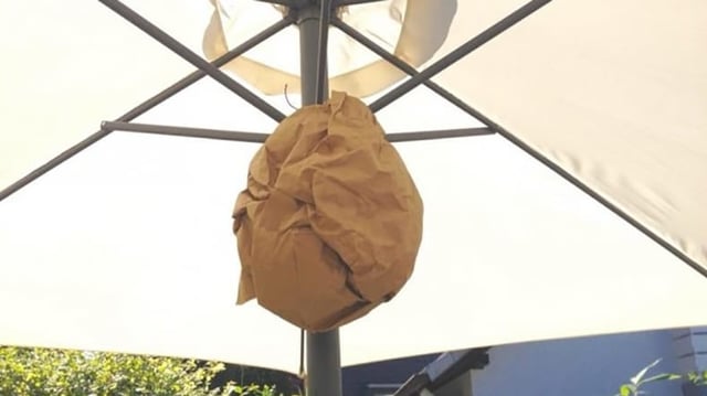 Brauner, zerknüllter Papiersack unter einem Sonnenschirm aufgehängt. Brauner, zerknüllter Papiersack unter einem Sonnenschirm aufgehängt.