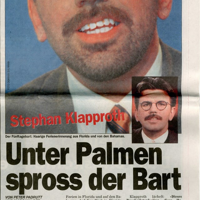 Zeitungsausschnitt. Zwei Bilder. Auf einem trägt Klapproths nur einen Schnauz, auf dem anderen einen Fünftagebart. Zeitungsausschnitt. Zwei Bilder. Auf einem trägt Klapproths nur einen Schnauz, auf dem anderen einen Fünftagebart.