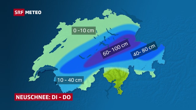 Grafik, die die Neuschneeverteilung in der Schweiz in den kommenden Tagen zeigt Grafik, die die Neuschneeverteilung in der Schweiz in den kommenden Tagen zeigt