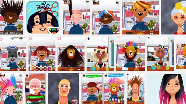 Ein Screenshot verschiedenster Screenshots aus Toca Boca Hair Salon. Ein Screenshot verschiedenster Screenshots aus Toca Boca Hair Salon.