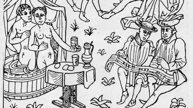 Ein Bade-Event im Mittelalter. Viele Leute, die Baden, Essen und Musik machen. Ein Bade-Event im Mittelalter. Viele Leute, die Baden, Essen und Musik machen.
