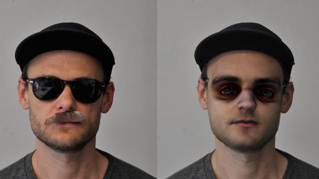 Zweimal das Porträt derselben Person, links mit Sonnebrille, falschem Schnurrbart und Mütze, rechts als vom Computer errechnetes Bild. Zweimal das Porträt derselben Person, links mit Sonnebrille, falschem Schnurrbart und Mütze, rechts als vom Computer errechnetes Bild.