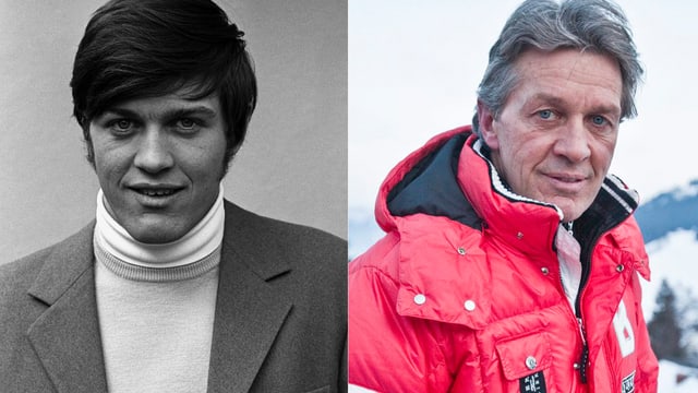 Zwei Aufnahmen von Bernhard Russi nebeneinandergestellt: Das linke Bild zeigt ein schwarzweiss Porträt des jungen Bernhard Russi. Das linke Bild zeigt Russi heute, in roter Ski-Jacke und mit grauen Haaren. Zwei Aufnahmen von Bernhard Russi nebeneinandergestellt: Das linke Bild zeigt ein schwarzweiss Porträt des jungen Bernhard Russi. Das linke Bild zeigt Russi heute, in roter Ski-Jacke und mit grauen Haaren.