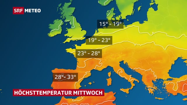 Farblächen zeigen den Temperaturverlauf in Europa für die Mitte nächster Woche. Die rötlichen - warmen - Flächen reichen vom Mittelmeer bis zu Mitte von Deutschland. Farblächen zeigen den Temperaturverlauf in Europa für die Mitte nächster Woche. Die rötlichen - warmen - Flächen reichen vom Mittelmeer bis zu Mitte von Deutschland.