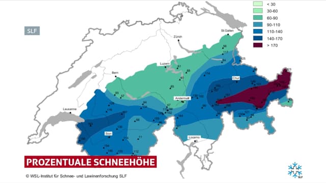 Karte der prozentualen Schneehöhe. Karte der prozentualen Schneehöhe.
