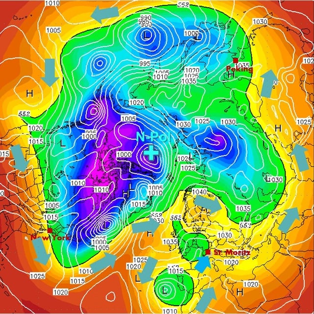Karte der Nordhalbkugel mir dem Pol in der Mitte. Eine amöbenartige Fläche in grün bis violett sybolisiert die Kaltluft, an dessen rand der Jetstream weht. Karte der Nordhalbkugel mir dem Pol in der Mitte. Eine amöbenartige Fläche in grün bis violett sybolisiert die Kaltluft, an dessen rand der Jetstream weht.