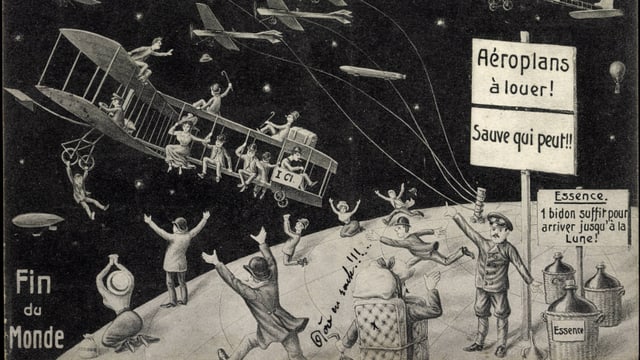 Zeichnung von 1910, die zeigt, wie Menschen versuchen, per Flugzeug dem Kometen zu entfliehen Zeichnung von 1910, die zeigt, wie Menschen versuchen, per Flugzeug dem Kometen zu entfliehen