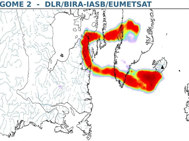 Vulkanausbruch Island 27.05.2011, die Schwefeldioxydausbreitung wird auf einer Karte gezeigt. Vulkanausbruch Island 27.05.2011, die Schwefeldioxydausbreitung wird auf einer Karte gezeigt.