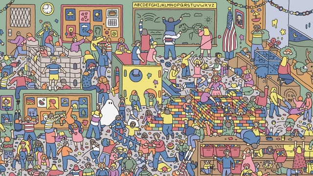 Wimmelbild von Kindergarten und Primarschule mit gewalttätigen Auseinandersetzungen. Wimmelbild von Kindergarten und Primarschule mit gewalttätigen Auseinandersetzungen.