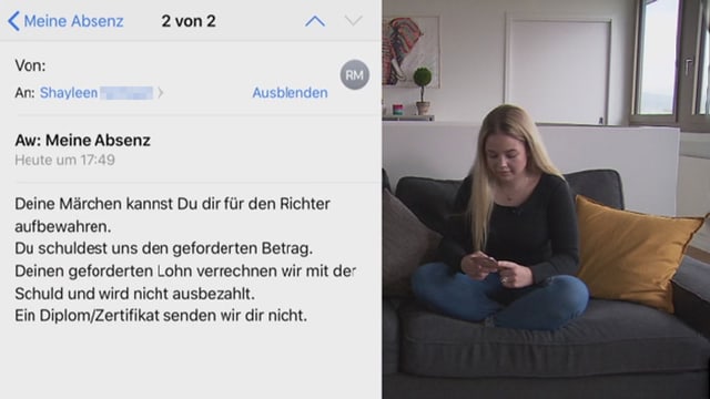 Auszug aus einem Mail, Shayleen daneben auf dem Sofa und liesst die Mail. Auszug aus einem Mail, Shayleen daneben auf dem Sofa und liesst die Mail.