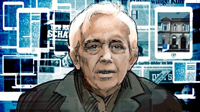 Illustration Cornelius Gurlitt vor Frontseiten und Zeitungsschlagzeilen. Illustration Cornelius Gurlitt vor Frontseiten und Zeitungsschlagzeilen.