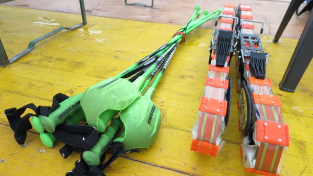 Stöcke und Skier zum Grasskifahren. Stöcke und Skier zum Grasskifahren.