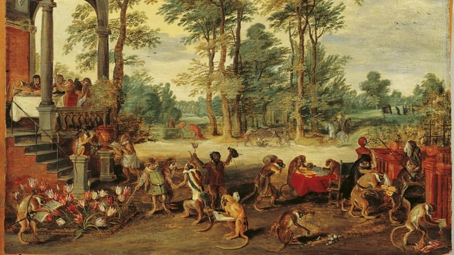 Satirisches Genrebild von Jan Brueghel d.J. auf die Tulpenmanie seiner Zeit: Affen verkaufen Affen Zwiebeln. Satirisches Genrebild von Jan Brueghel d.J. auf die Tulpenmanie seiner Zeit: Affen verkaufen Affen Zwiebeln.