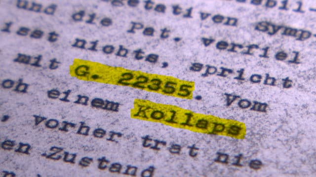 Ausschnitt aus einem maschinegeschriebenen Dokument mit dem Eintrag «G. 22355» und «Kollaps». Ausschnitt aus einem maschinegeschriebenen Dokument mit dem Eintrag «G. 22355» und «Kollaps».