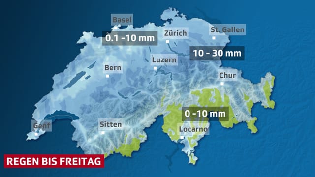 In Blau sind die Bereiche mit Niederschlag- bis Freitag-auf der Schweizkarte dargestellt, im Tessin und Teile Graubündens fällt kaum Regen. In Blau sind die Bereiche mit Niederschlag- bis Freitag-auf der Schweizkarte dargestellt, im Tessin und Teile Graubündens fällt kaum Regen.