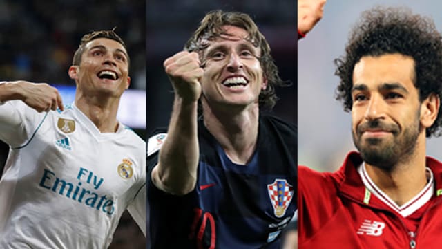 Cristiano Ronaldo, Luka Modric und Mohammed Salah (v.l.n.r.). Cristiano Ronaldo, Luka Modric und Mohammed Salah (v.l.n.r.).