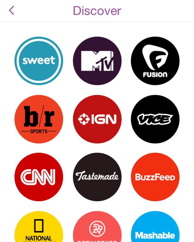 Ein Screenshot mit den Logos von Snapchats Medienpartnern. Ein Screenshot mit den Logos von Snapchats Medienpartnern.