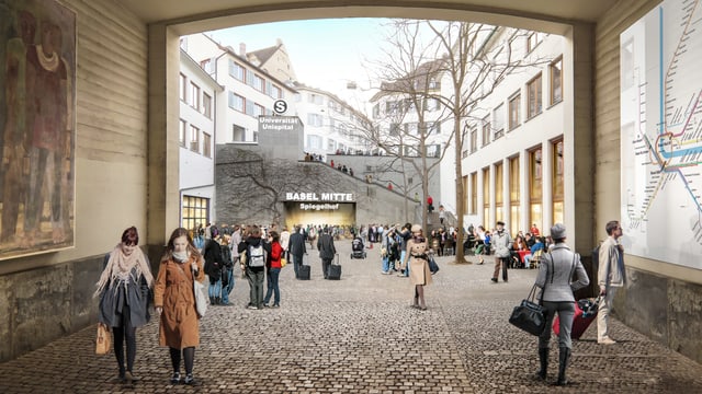 Visualisierung einer S-Bahn-Haltestelle beim Basler Spiegelhof. Visualisierung einer S-Bahn-Haltestelle beim Basler Spiegelhof.