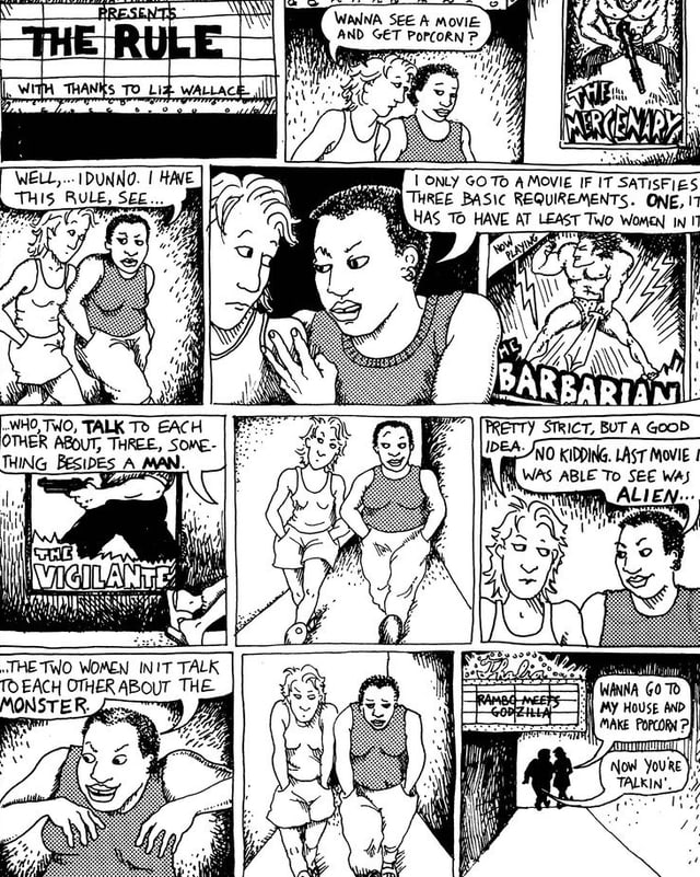 Ein schwarz-weisser Comic, in dem zwei Frauen über Filme diskutieren. Ein schwarz-weisser Comic, in dem zwei Frauen über Filme diskutieren.