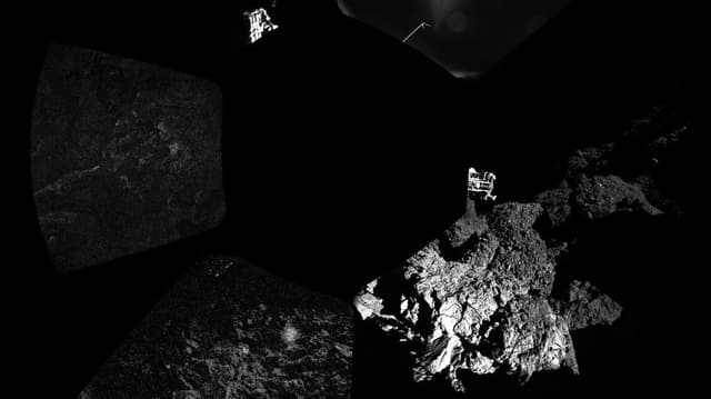 Panoramabild von Philae: Ein dunkler Fleck zeigt den Lander. Daneben sind die Füsse von Philae und der Komet von Philae zu sehen. Panoramabild von Philae: Ein dunkler Fleck zeigt den Lander. Daneben sind die Füsse von Philae und der Komet von Philae zu sehen.