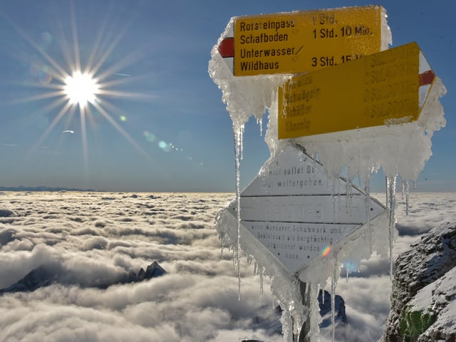 Ein Wegweiser ist vereist. Dahinter scheint die Sonne bei blauem Himmel auf das Nebelmeer in den Bergen.