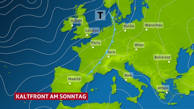 Isobarenkarte: Eine Kaltfront nähert sich aus Westen der Schweiz. Isobarenkarte: Eine Kaltfront nähert sich aus Westen der Schweiz.