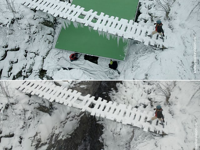 Verschneite Holzbrücke über der Schlucht einmal mit und einmal ohne Greenscreen. Verschneite Holzbrücke über der Schlucht einmal mit und einmal ohne Greenscreen.