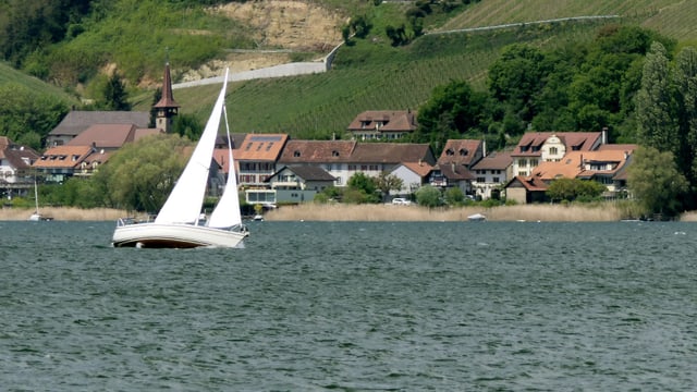 Ein Segelschiff hart am Wind auf dem Murtensee. Ein Segelschiff hart am Wind auf dem Murtensee.