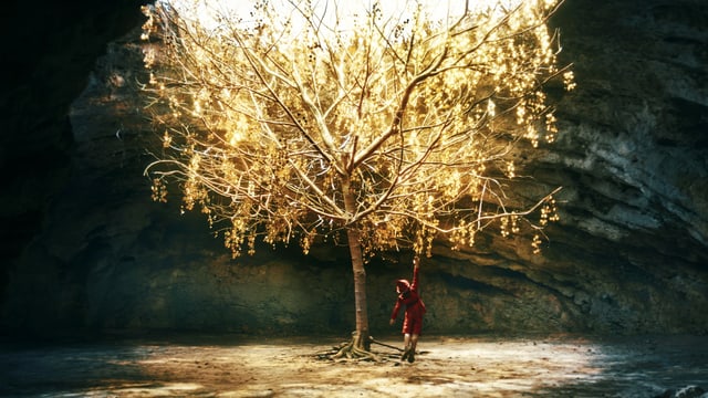 Gold leuchtender Baum und Junge, der daran hochspringt. Gold leuchtender Baum und Junge, der daran hochspringt.
