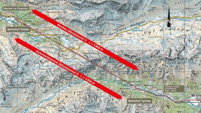 Visualisaziun dals dus tunnels tras il massiv da l'Alvra. Visualisaziun dals dus tunnels tras il massiv da l'Alvra.