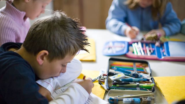 Primarschüler arbeiten konzentriert an einer Aufgabe Primarschüler arbeiten konzentriert an einer Aufgabe