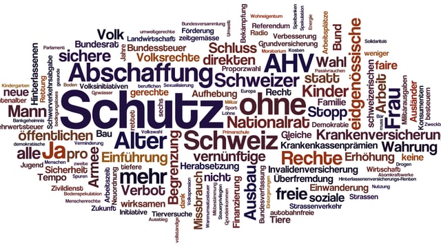 Wordcloud mit den häufigsten Wörtern der Initiativen seit 1981. Wordcloud mit den häufigsten Wörtern der Initiativen seit 1981.