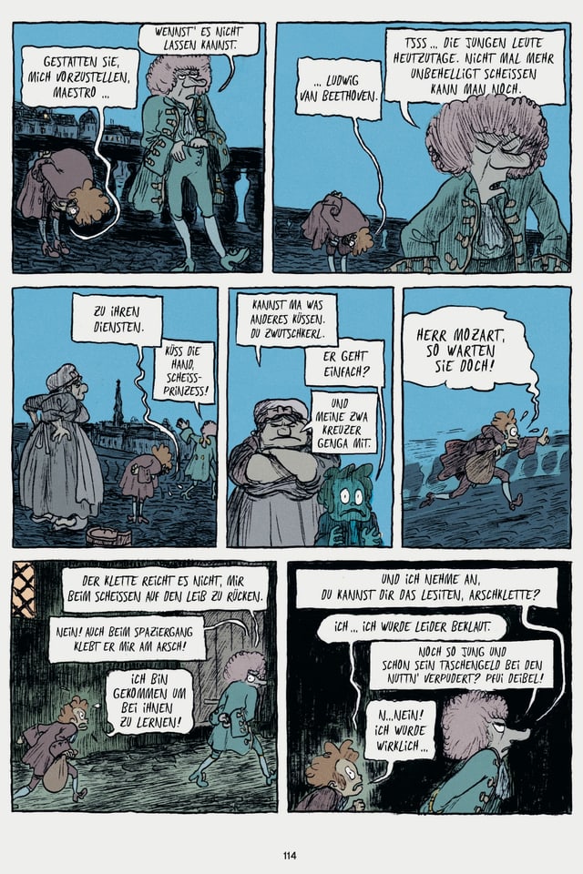 eine Seite eines Comics, auf der Beethoven auf Mozart trifft eine Seite eines Comics, auf der Beethoven auf Mozart trifft