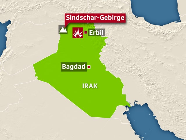 Karte: Irak mit Bagdad, Erbil und Sindschar-Gebirge.