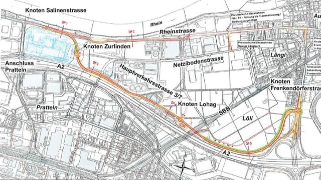 Karte mit der Rheinstrasse und der geplanten neuen Strasse. Karte mit der Rheinstrasse und der geplanten neuen Strasse.