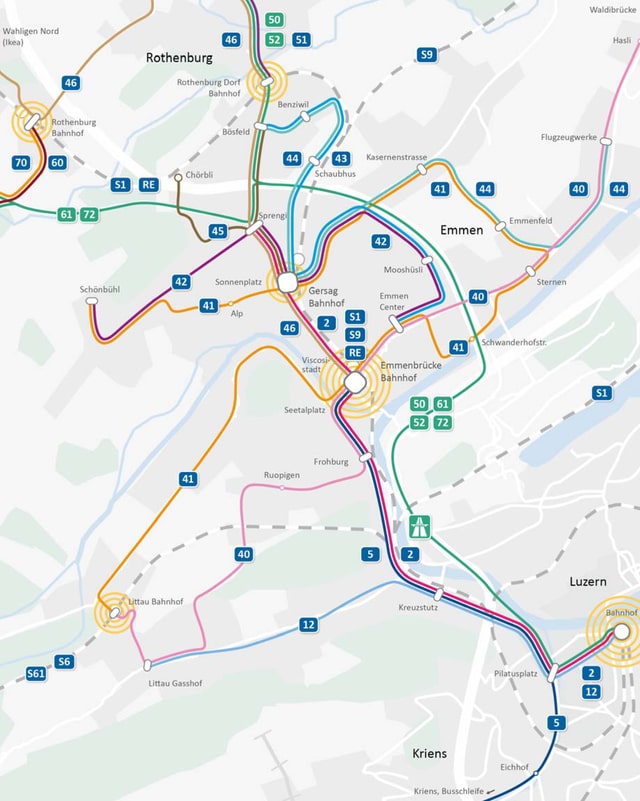 Eine Karte, welche die wichtigsten Busverbindungen in der Agglomeration Luzern zeigt. Eine Karte, welche die wichtigsten Busverbindungen in der Agglomeration Luzern zeigt.
