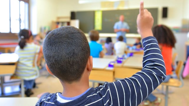 Eine Schulklasse im Zimmer, fotografiert aus den hinteren Reihen. Eine Schulklasse im Zimmer, fotografiert aus den hinteren Reihen.