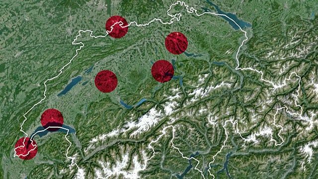 Schweizerkarte mit sechs Kreisflächen von 600 km2 in den Grossagglomerationen. Schweizerkarte mit sechs Kreisflächen von 600 km2 in den Grossagglomerationen.