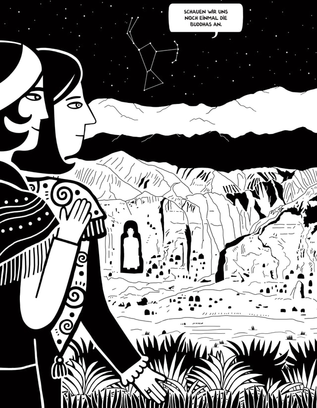 Eine Comic-Zeichnung. Zwei Frauen schauen auf eine Landschaft. Eine Comic-Zeichnung. Zwei Frauen schauen auf eine Landschaft.